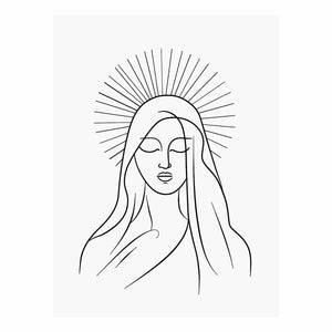 Minimal black line art of serene halo figure for peaceful bedroom wall decor.