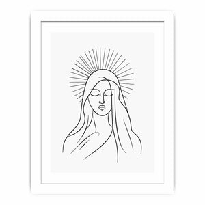 Minimal black line art of serene halo figure for peaceful bedroom wall decor.