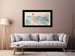 Colorful abstract grid drawing canvas art for creative office or studio decor.
