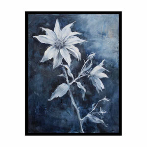 Blue and white floral canvas art for calm bedroom or bathroom wall decor.