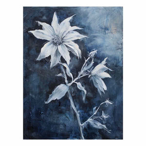 Blue and white floral canvas art for calm bedroom or bathroom wall decor.
