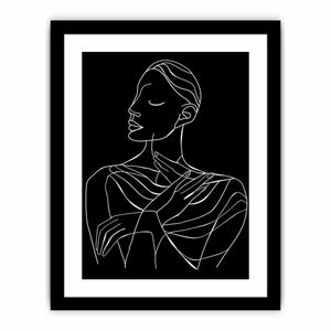Minimal white line art woman portrait on black canvas for elegant bedroom decor.