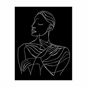 Minimal white line art woman portrait on black canvas for elegant bedroom decor.