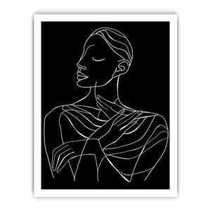 Minimal white line art woman portrait on black canvas for elegant bedroom decor.