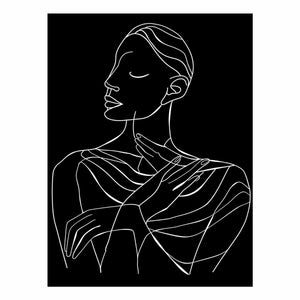 Minimal white line art woman portrait on black canvas for elegant bedroom decor.