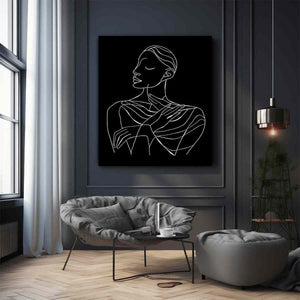 Minimal white line art woman portrait on black canvas for elegant bedroom decor.