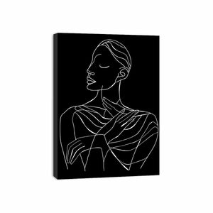 Minimal white line art woman portrait on black canvas for elegant bedroom decor.