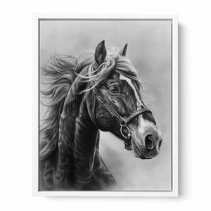 Realistic black and white horse portrait canvas art for equestrian home decor.