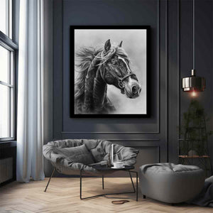 Realistic black and white horse portrait canvas art for equestrian home decor.