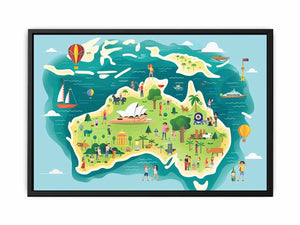 Island Journey playful illustrated travel canvas print featuring Australia map for kids room decor.