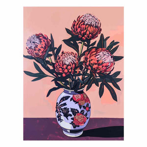 Waratah Blush modern botanical canvas art featuring waratah flowers for bedroom decor.