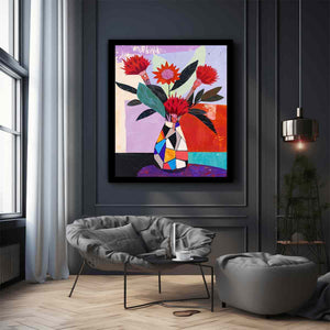 Protea Mosaic bold contemporary floral canvas print featuring native flowers for living room decor.