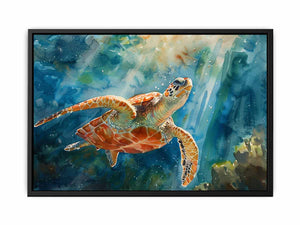 Reef Ascension watercolor ocean wildlife art featuring sea turtle for living room decor.