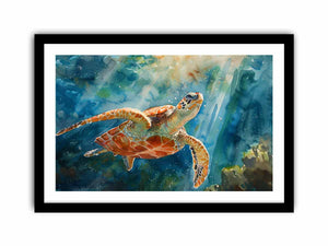 Reef Ascension watercolor ocean wildlife art featuring sea turtle for living room decor.