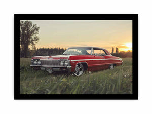 Sunset Impala vintage automotive photography print featuring classic car for garage decor.