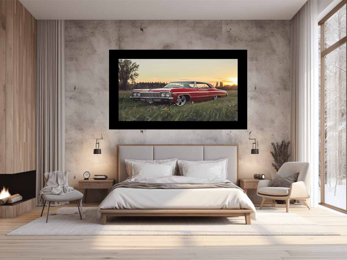 Sunset Impala vintage automotive photography print featuring classic car for garage decor.