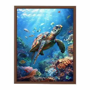 Coral Kingdom vibrant underwater canvas art featuring sea turtle reef for living room decor.