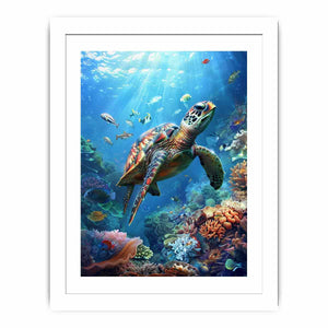 Coral Kingdom vibrant underwater canvas art featuring sea turtle reef for living room decor.