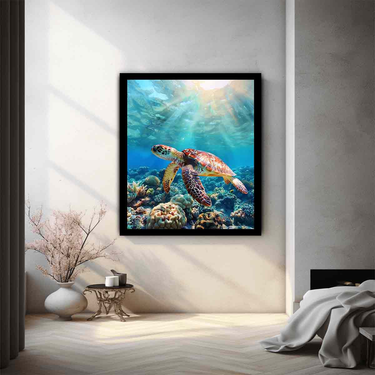 Lagoon Glide coastal underwater canvas print featuring sea turtle for beach house decor.