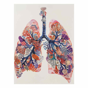 Watercolor lung anatomy art with coral and botanical details for modern office decor.
