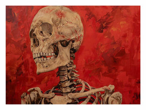 Red skull anatomy canvas art with skeleton detail for dramatic modern office decor.