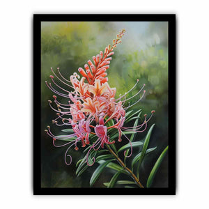 Pink grevillea floral canvas art with soft green leaves for elegant bedroom decor.