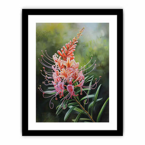 Pink grevillea floral canvas art with soft green leaves for elegant bedroom decor.