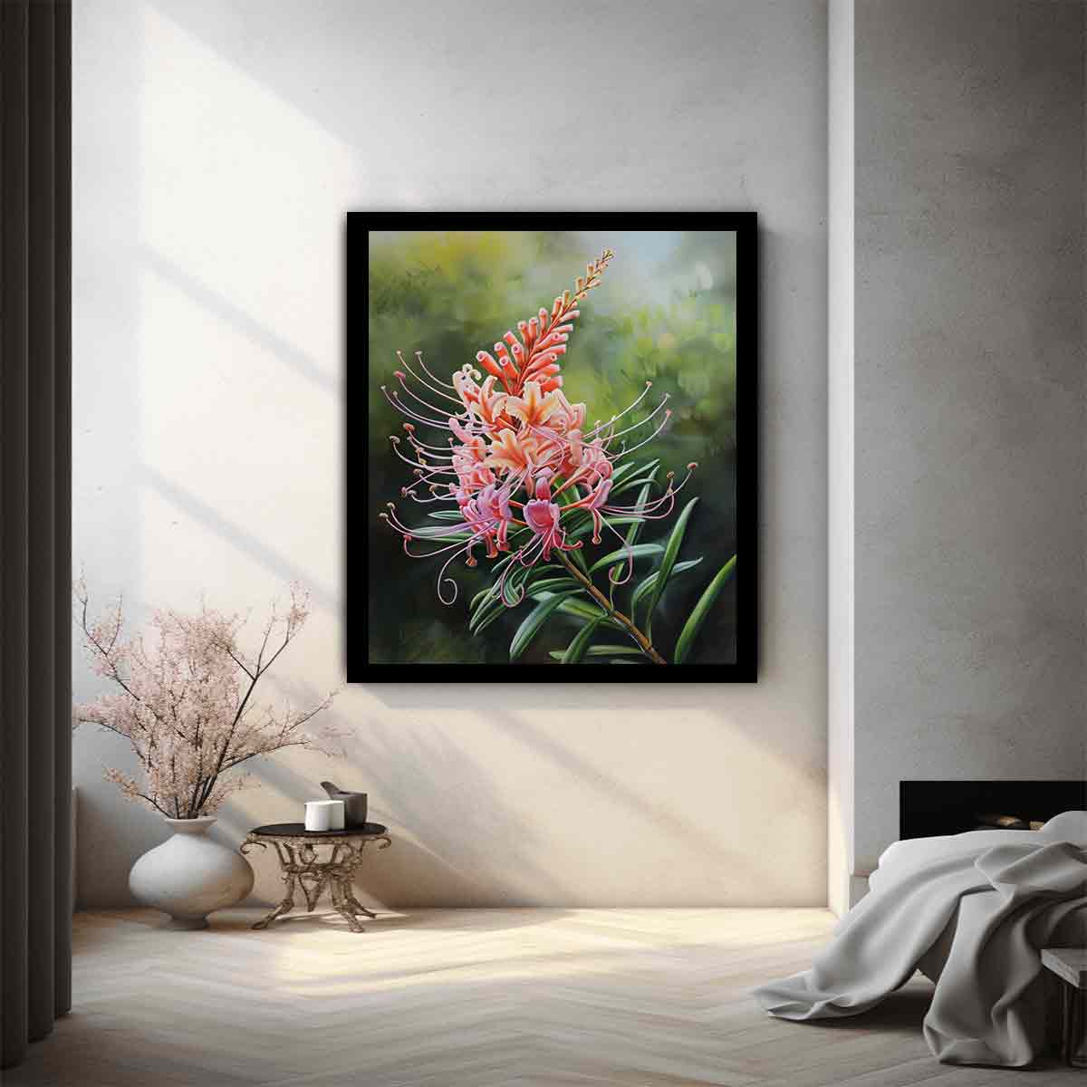 Pink grevillea floral canvas art with soft green leaves for elegant bedroom decor.