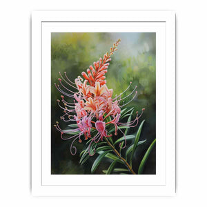 Pink grevillea floral canvas art with soft green leaves for elegant bedroom decor.