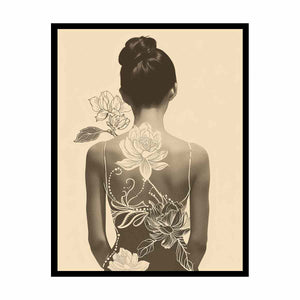 Neutral woman lotus line art canvas print for elegant bedroom or dressing room decor.
