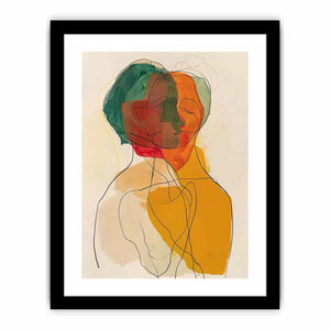 Warm abstract portrait canvas art with overlapping faces for modern living room decor.