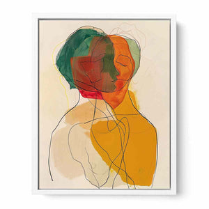 Warm abstract portrait canvas art with overlapping faces for modern living room decor.