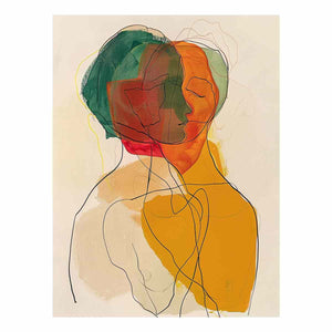 Warm abstract portrait canvas art with overlapping faces for modern living room decor.