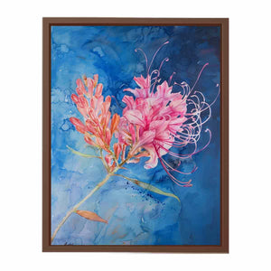 Pink lily watercolor canvas art on blue background for fresh living room decor.