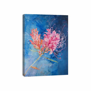 Pink lily watercolor canvas art on blue background for fresh living room decor.