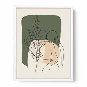 Botanical line art print with olive green shapes for earthy bedroom decor.