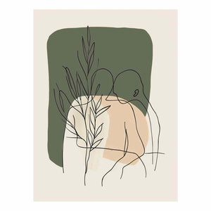 Botanical line art print with olive green shapes for earthy bedroom decor.
