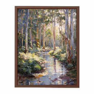 Forest creek canvas art with sunlit eucalyptus trees for peaceful living room decor.