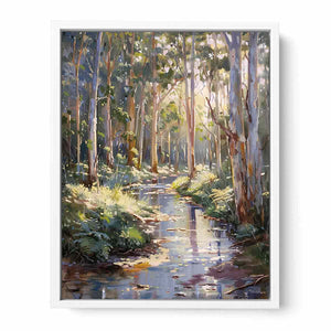 Forest creek canvas art with sunlit eucalyptus trees for peaceful living room decor.