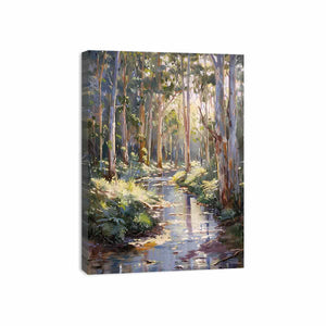 Forest creek canvas art with sunlit eucalyptus trees for peaceful living room decor.