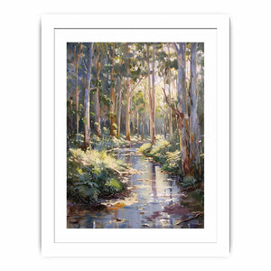 Forest creek canvas art with sunlit eucalyptus trees for peaceful living room decor.