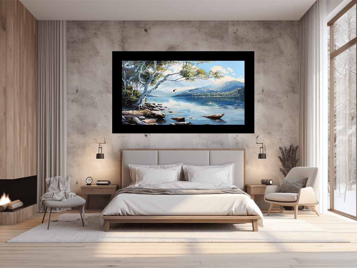 Blue lake landscape canvas art with mountains, trees, and birds for serene living room decor.