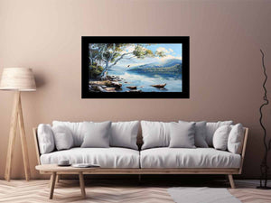 Blue lake landscape canvas art with mountains, trees, and birds for serene living room decor.
