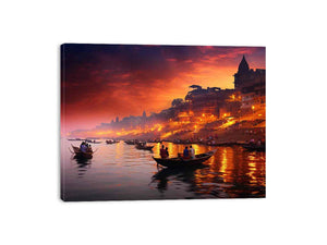 Dramatic Banaras Ganga evening canvas art for moody living room decor.