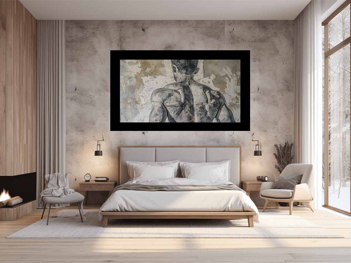 Moody neutral figurative wall art for modern bedroom or loft decor.