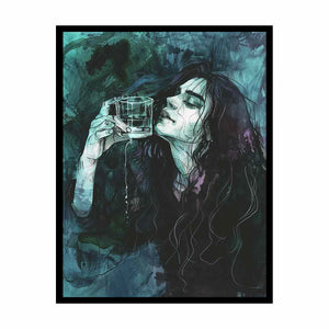 Gothic teal woman portrait canvas art for moody bedroom decor.