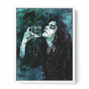Gothic teal woman portrait canvas art for moody bedroom decor.