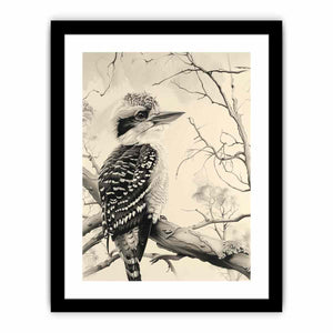 Black and white kookaburra branch artwork for office wall decor.
