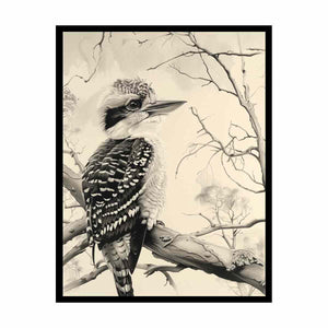 Black and white kookaburra branch artwork for office wall decor.