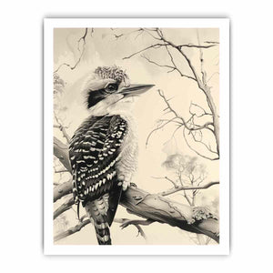 Black and white kookaburra branch artwork for office wall decor.